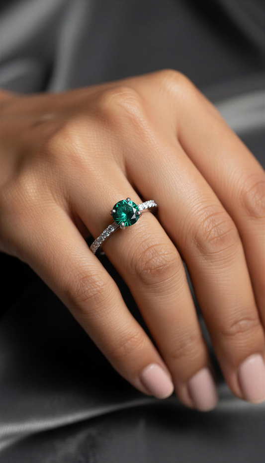 Close-up of a hand wearing a 92.5 silver ring with a green gemstone on a dark background