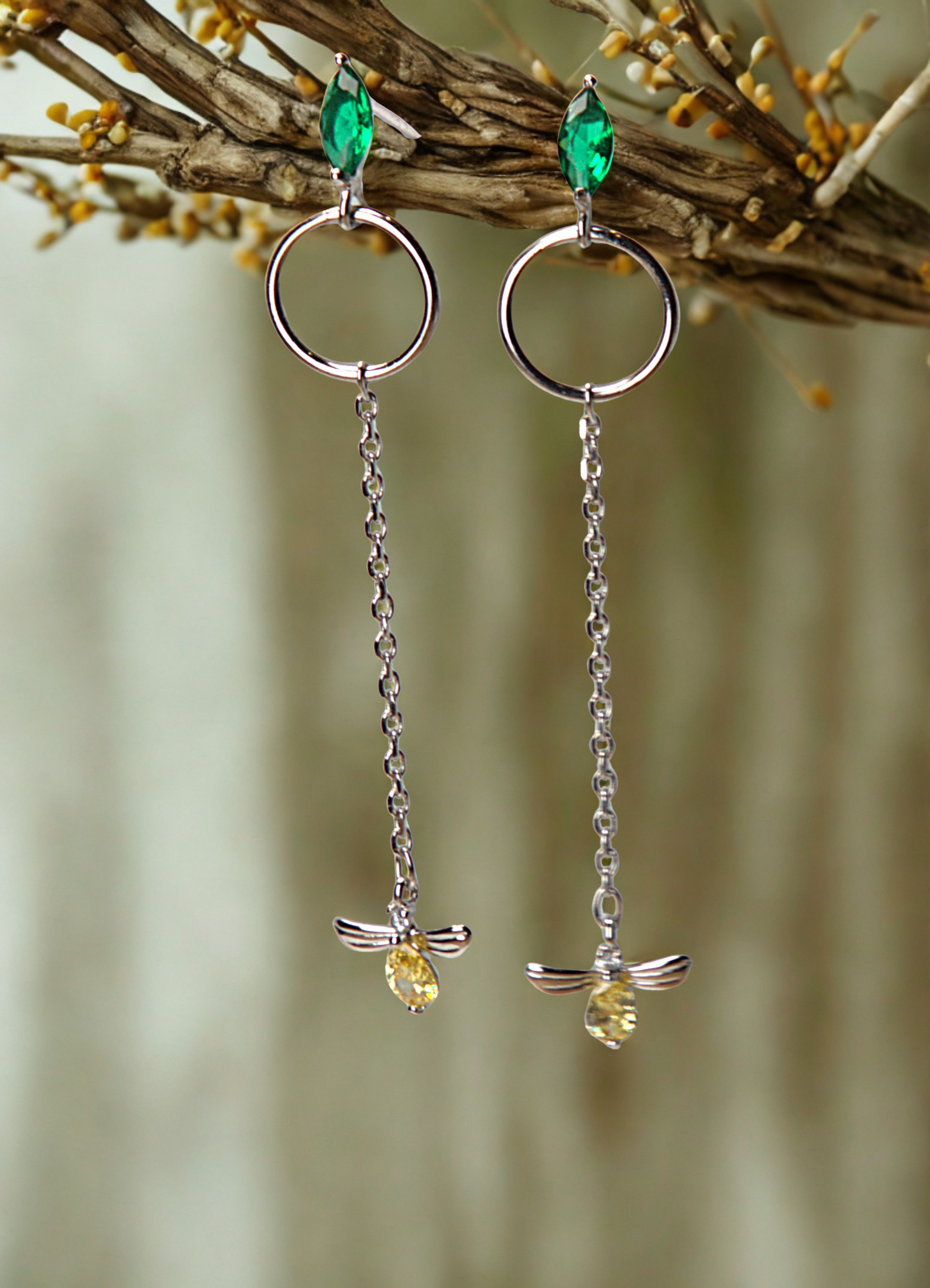 Emerald Bee Drop Earrings
