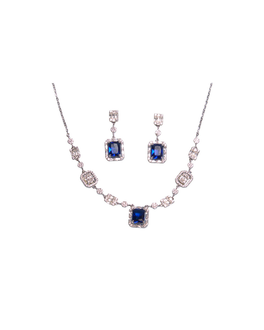Blue Sapphire Halo Necklace & Earring Set