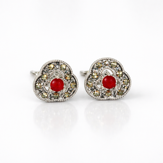 Crimson Bloom Marcasite Stud Earrings