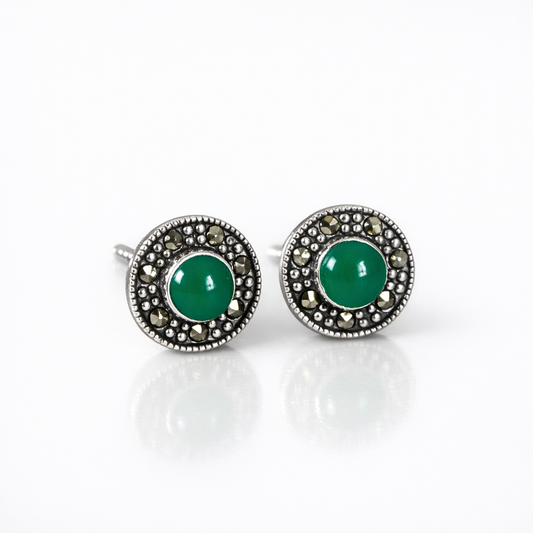 Emerald Glow Marcasite Stud Earrings