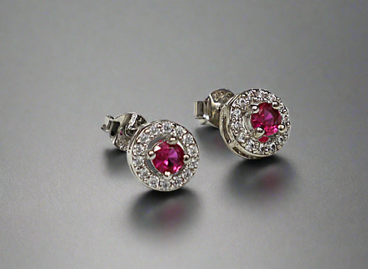 Pair of earrings with red gemstones on a white background