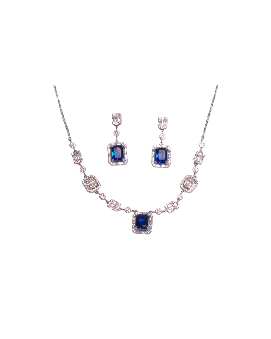 Blue Sapphire Halo Necklace & Earring Set