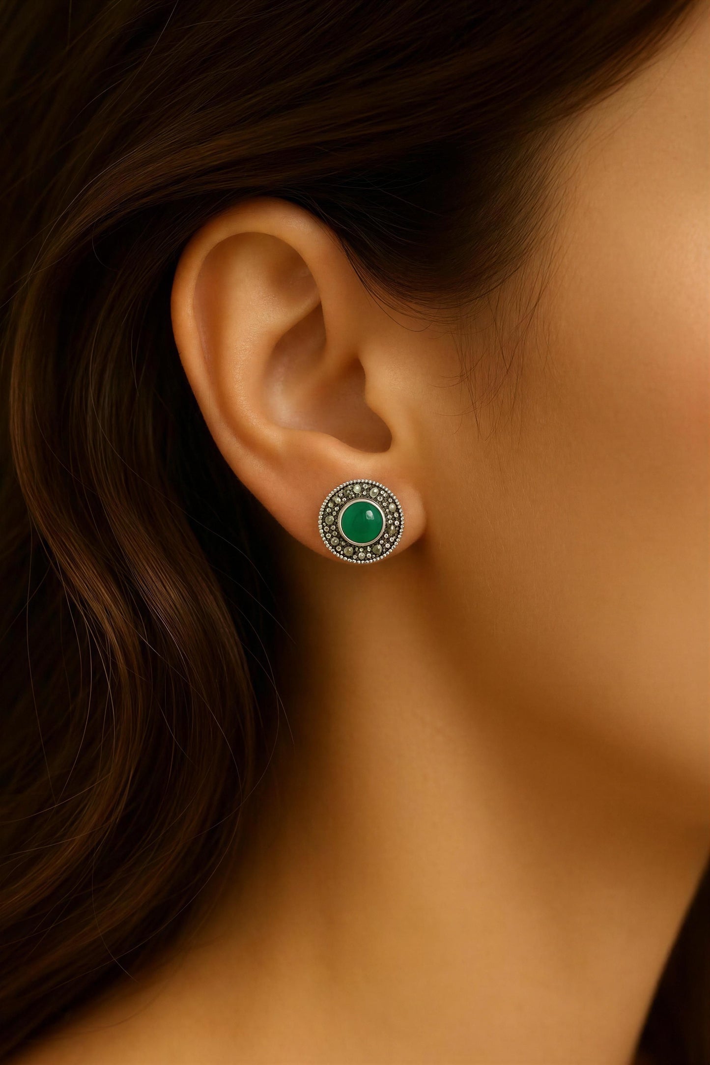 Emerald Glow Marcasite Stud Earrings
