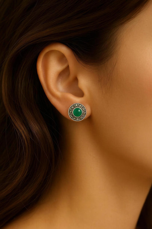 Emerald Glow Marcasite Stud Earrings